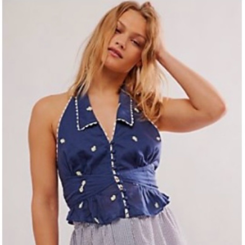 COPY - NWT FP May Blue Floral Embroidered Halter Top sz S